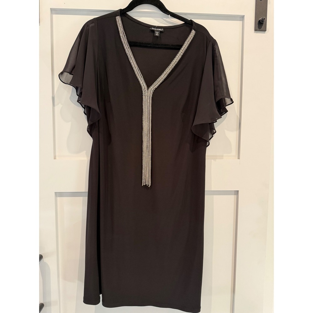 Roz & Ali Black Rhinestone V-Neck Flutter Sleeve Shift Dress Plus Size 1X